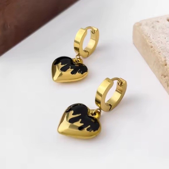 Moon Goddess Emporium Jewelry - 18K Gold Huggie Hoop Dipping Heart Oil Drip Enameled Earrings No Fade Punk Goth